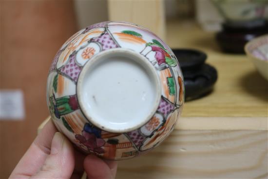 Three 18th century Chinese family rose tea bowls and two saucers, two other teabowls and three wood stands